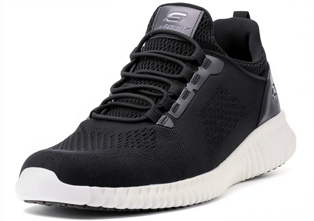 Close‑up of Skechers Slip Resistant Work Shoes Mens Comfort Knit being slipped onto a hospital floor, showing the bungee laces and knit mesh
