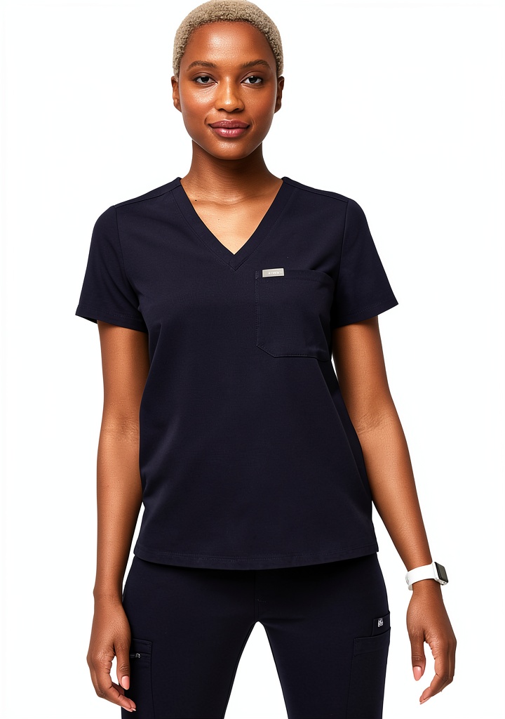 FIGS Catarina Scrub Top unboxed on a wooden table with care sheet and fabric swatch