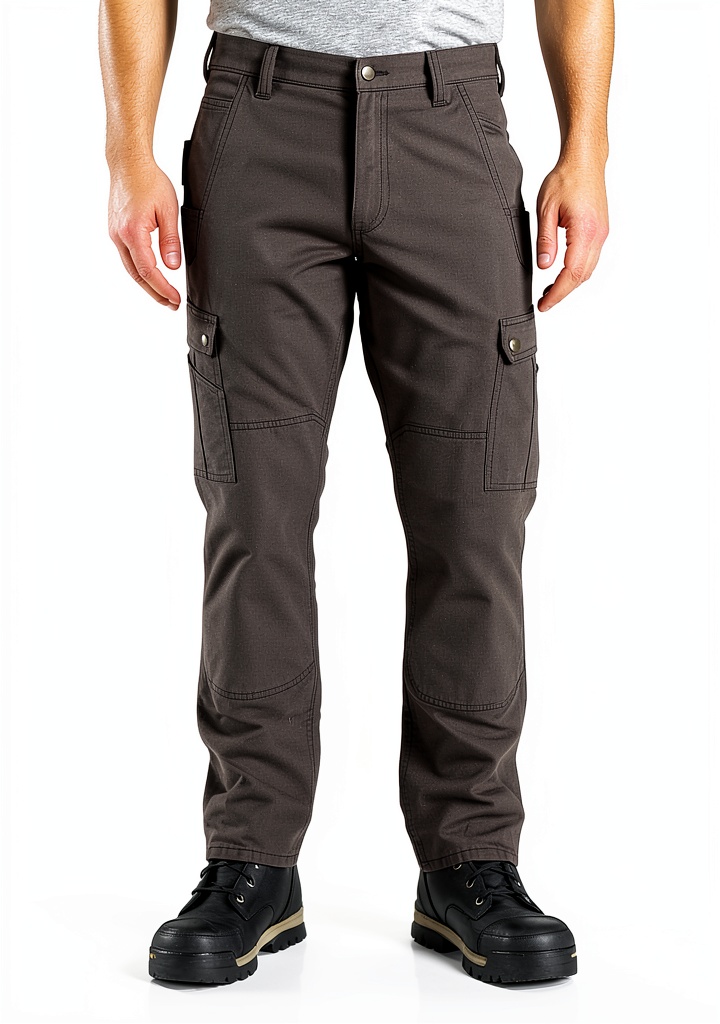 Carhartt Mens Work Pants Rugged Flex Stretch Utility displayed on a workbench with tools and a knee pad nearby