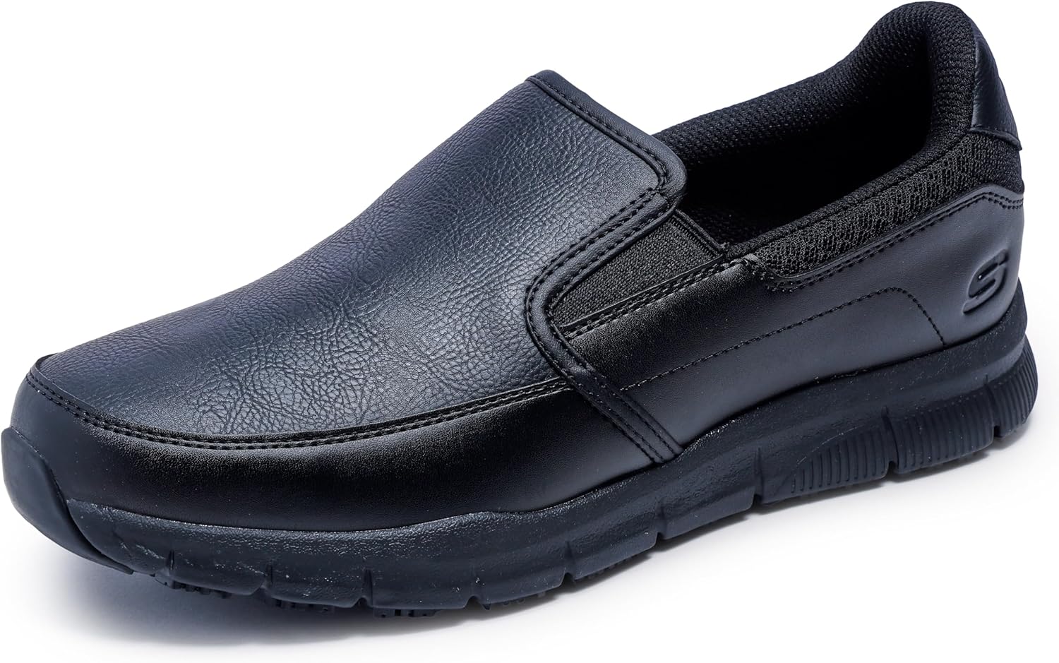 Installing Skechers Slip Resistant Work Shoes Men Memory Foam Black on a wooden desk