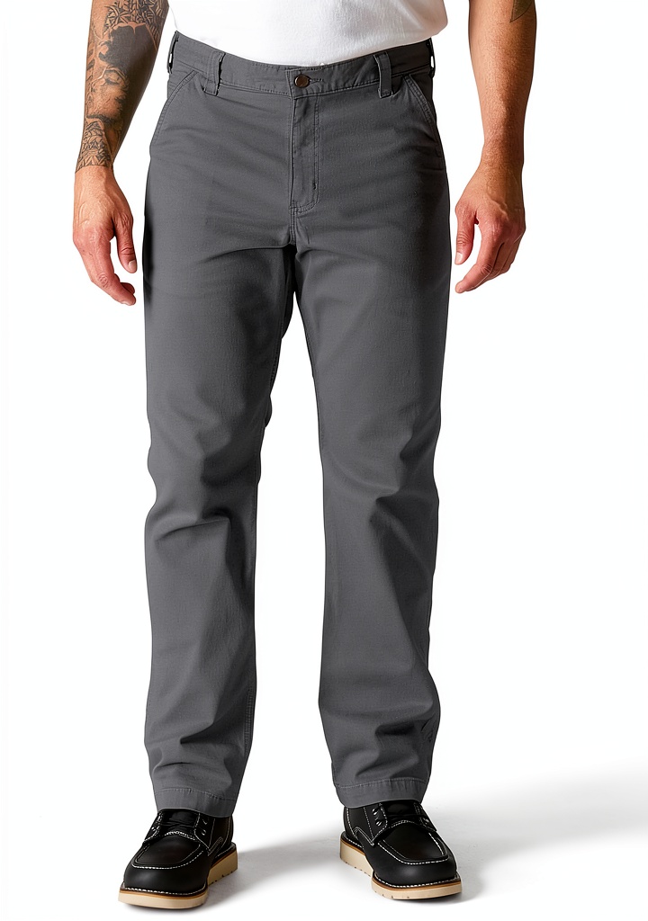 Installing Carhartt Rugged Flex Work Pants Canvas Stretch Men on a wooden workbench