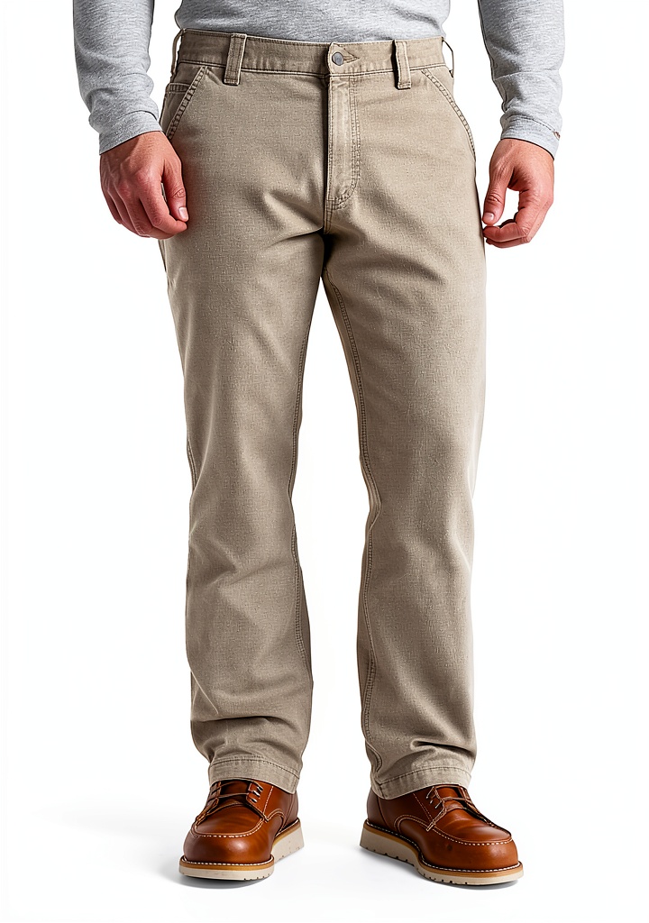 Installing Carhartt Men Canvas Work Pants Rugged Flex Stretch on a wooden desk